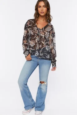 Chiffon Floral Print Lace-Up Top