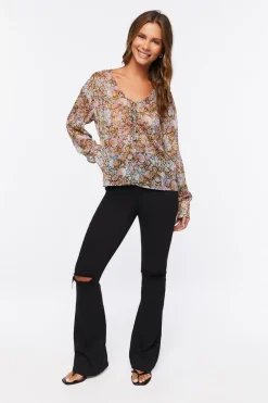 Chiffon Floral Print Lace-Up Top