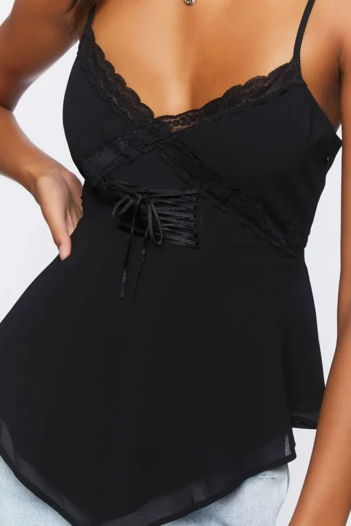 Chiffon Lace-Up Lace-Trim Cami
