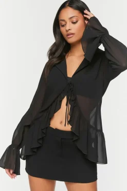 Chiffon Ruffled Tie-Front Top