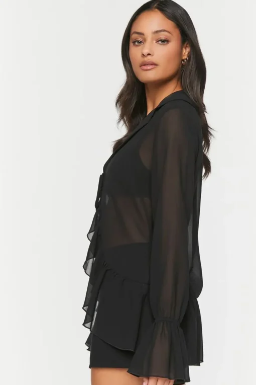 Chiffon Ruffled Tie-Front Top