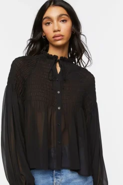 Chiffon Smocked Balloon-Sleeve Shirt