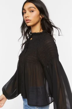 Chiffon Smocked Balloon-Sleeve Shirt