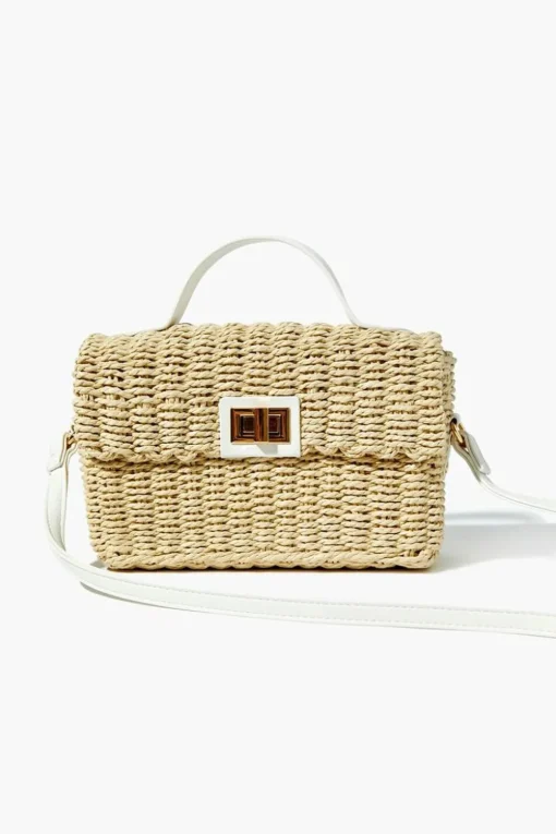 Contrast-Trim Basketwoven Crossbody Bag