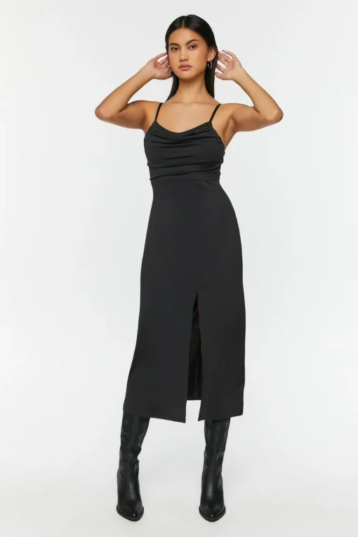 Cowl Neck Slit Midi Dress