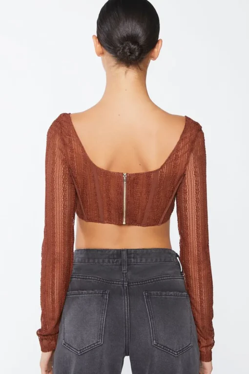 Crochet Lace Long-Sleeve Crop Top
