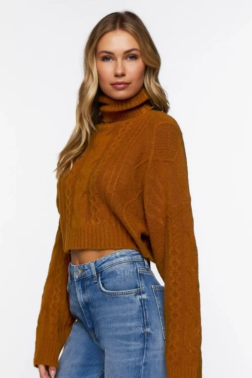 Cropped Cable Knit Turtleneck Sweater