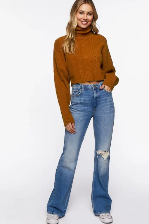 Cropped Cable Knit Turtleneck Sweater