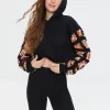 Cropped Crochet-Sleeve Hoodie