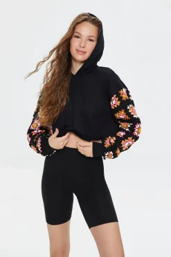 Cropped Crochet-Sleeve Hoodie