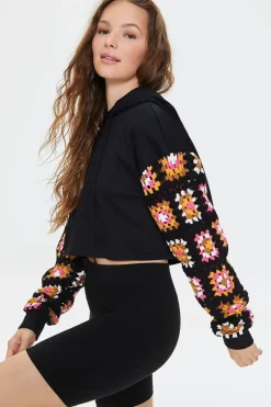 Cropped Crochet-Sleeve Hoodie