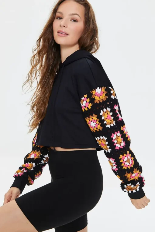 Cropped Crochet-Sleeve Hoodie