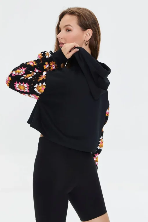 Cropped Crochet-Sleeve Hoodie