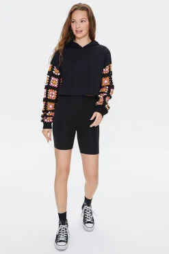 Cropped Crochet-Sleeve Hoodie