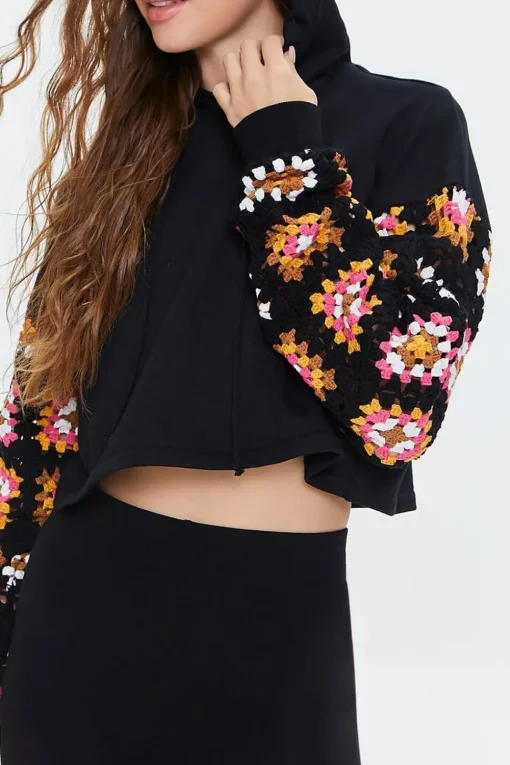 Cropped Crochet-Sleeve Hoodie