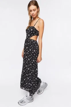 Cutout Chiffon Floral Midi Dress