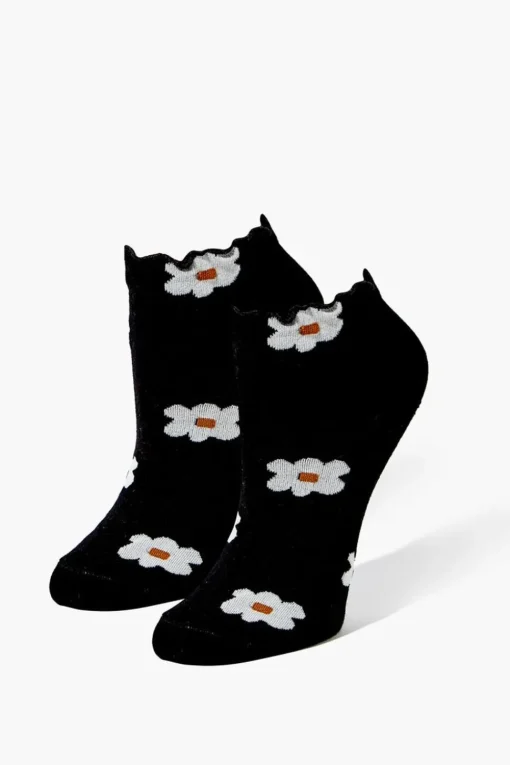 Daisy Print Lettuce-Edge Ankle Socks