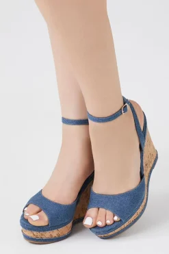 Denim & Cork Peep-Toe Wedges