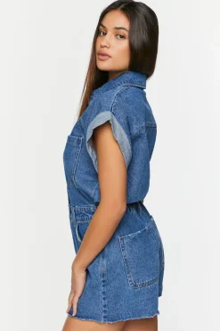 Denim Cuffed-Sleeve Romper