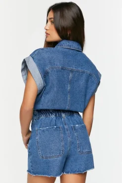 Denim Cuffed-Sleeve Romper
