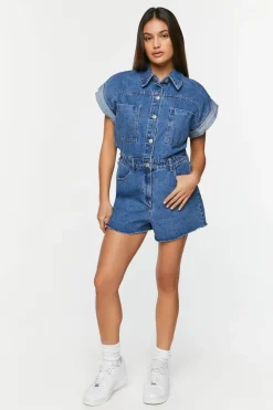 Denim Cuffed-Sleeve Romper