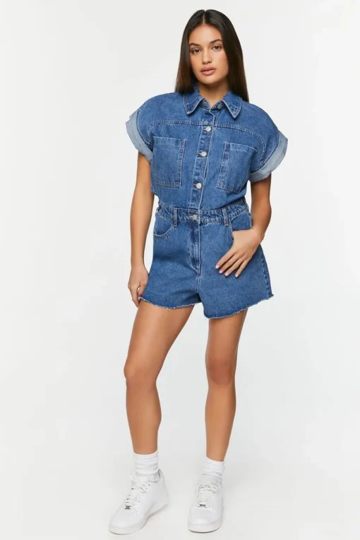 Denim Cuffed-Sleeve Romper
