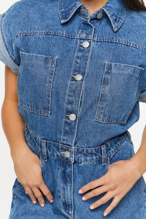 Denim Cuffed-Sleeve Romper