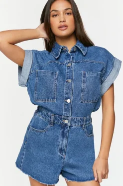 Denim Cuffed-Sleeve Romper