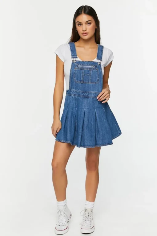 Denim Pleated Overall Dress