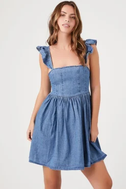 Denim Ruffle-Strap Mini Dress
