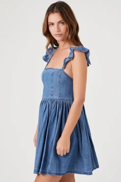 Denim Ruffle-Strap Mini Dress