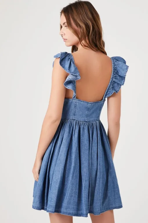 Denim Ruffle-Strap Mini Dress