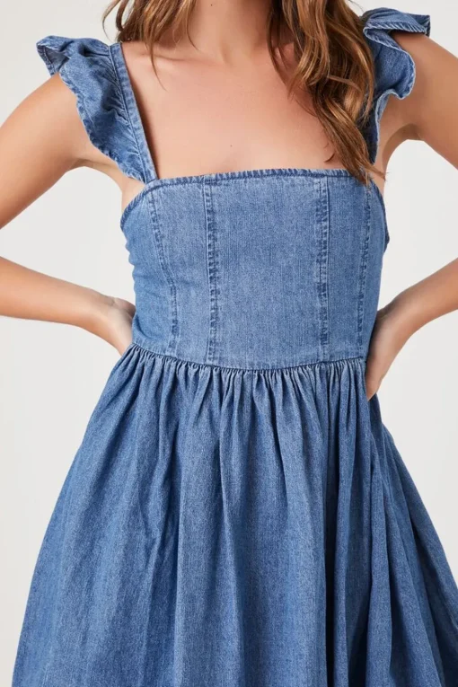 Denim Ruffle-Strap Mini Dress
