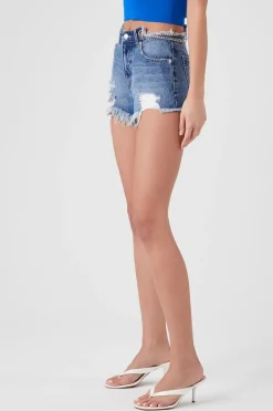 Distressed Chain-Waist Denim Shorts