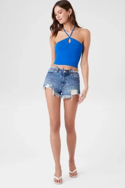 Distressed Chain-Waist Denim Shorts