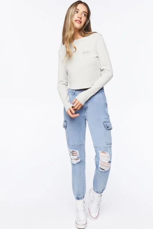Distressed Denim Cargo Joggers