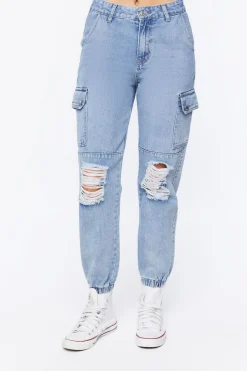 Distressed Denim Cargo Joggers