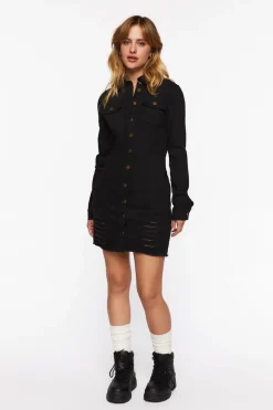 Distressed Denim Mini Shirt Dress