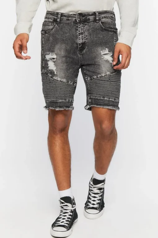 Distressed Moto Denim Shorts