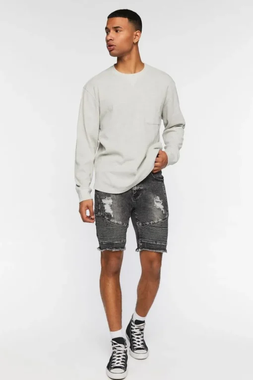 Distressed Moto Denim Shorts
