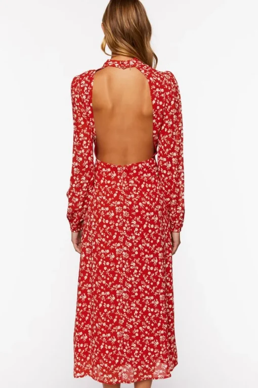 Ditsy Floral Print Open-Back Midi Dress