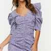Ditsy Floral Ruched Puff-Sleeve Dress