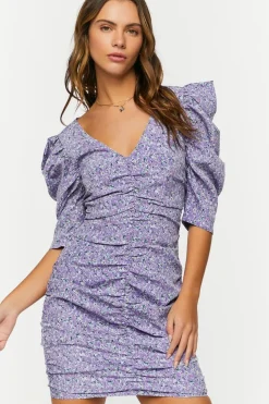 Ditsy Floral Ruched Puff-Sleeve Dress