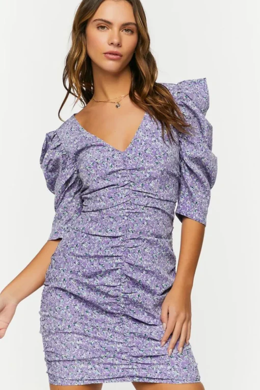 Ditsy Floral Ruched Puff-Sleeve Dress
