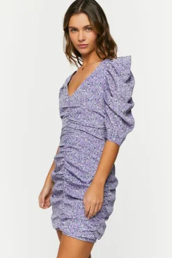 Ditsy Floral Ruched Puff-Sleeve Dress