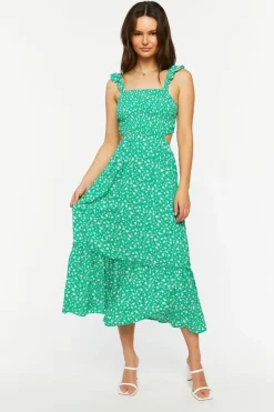 Ditsy Floral Ruffled Cutout Midi Dress