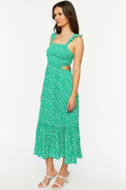 Ditsy Floral Ruffled Cutout Midi Dress