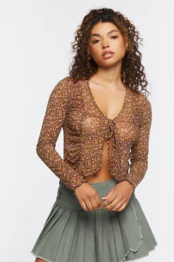 Ditsy Floral Tie-Front Mesh Top