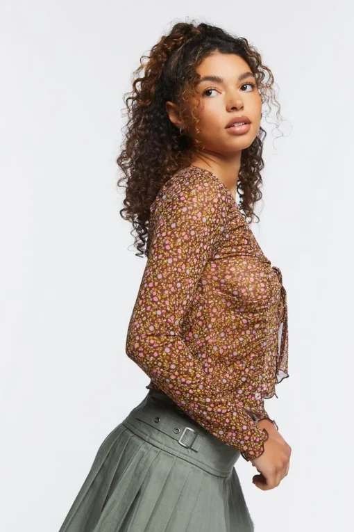 Ditsy Floral Tie-Front Mesh Top
