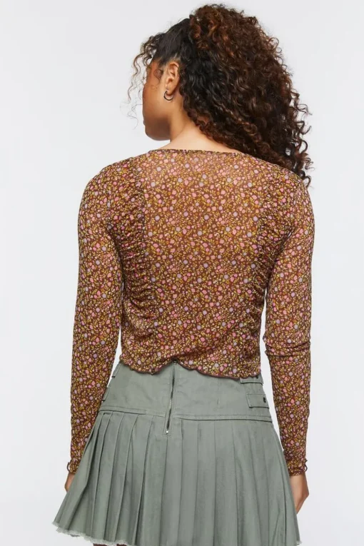 Ditsy Floral Tie-Front Mesh Top
